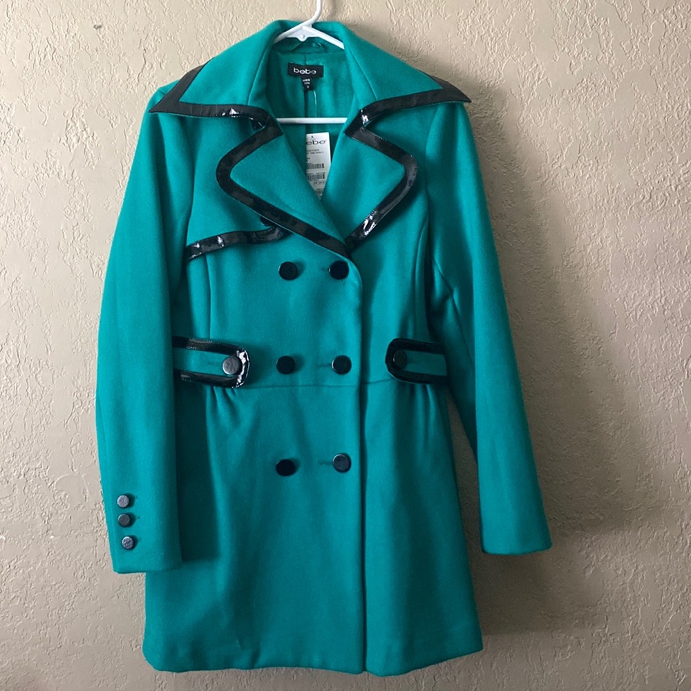 Bebe Teal Trench coat with Black accent